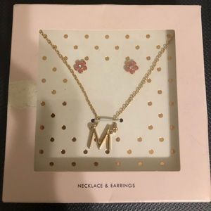Letter M Charm Necklace Earrings Jewelry Set NEW